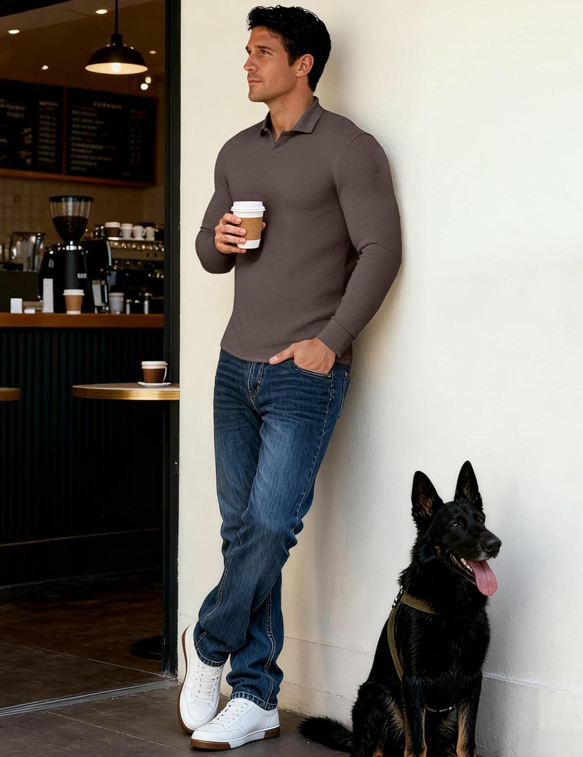 imageJMIERR Mens Casual Buttonless Polo Shirt Long Sleeve V Neck Ribbed Knit Golf ShirtsA Chicory Coffee