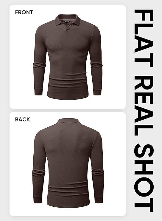 imageJMIERR Mens Casual Buttonless Polo Shirt Long Sleeve V Neck Ribbed Knit Golf ShirtsA Chicory Coffee