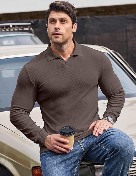 imageJMIERR Mens Casual Buttonless Polo Shirt Long Sleeve V Neck Ribbed Knit Golf ShirtsA Chicory Coffee