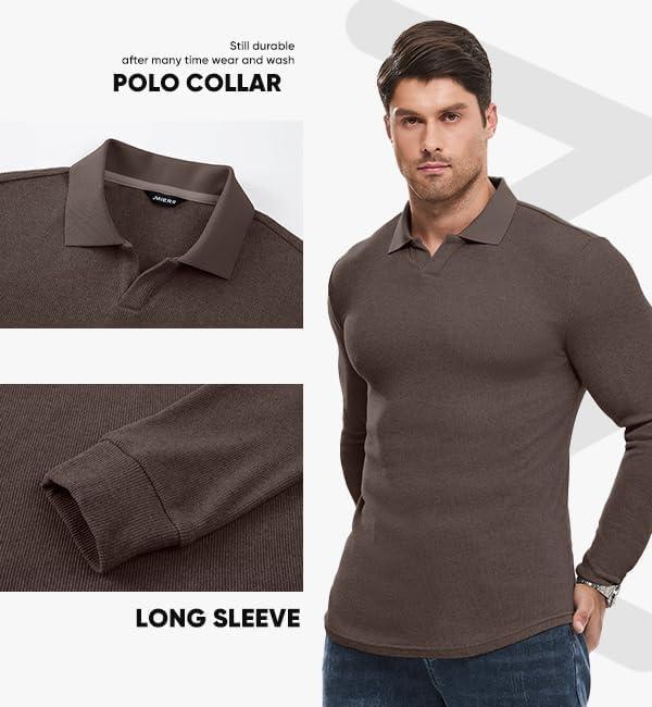 imageJMIERR Mens Casual Buttonless Polo Shirt Long Sleeve V Neck Ribbed Knit Golf ShirtsA Chicory Coffee