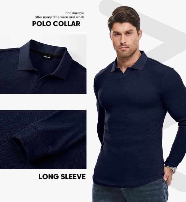 imageJMIERR Mens Casual Buttonless Polo Shirt Long Sleeve V Neck Ribbed Knit Golf ShirtsA Navy Blue