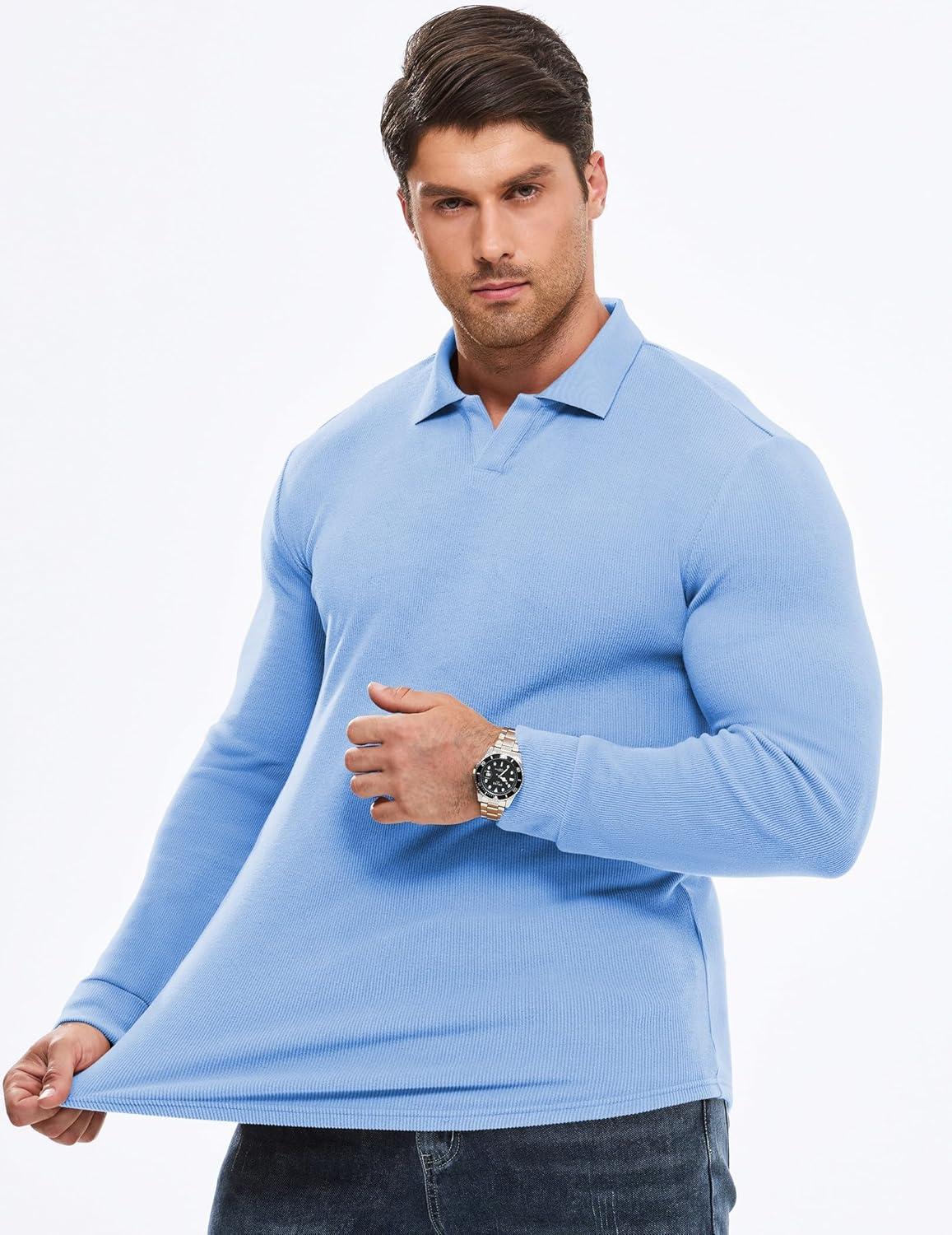 imageJMIERR Mens Casual Buttonless Polo Shirt Long Sleeve V Neck Ribbed Knit Golf ShirtsA Sky Blue