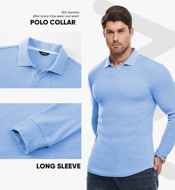 imageJMIERR Mens Casual Buttonless Polo Shirt Long Sleeve V Neck Ribbed Knit Golf ShirtsA Sky Blue
