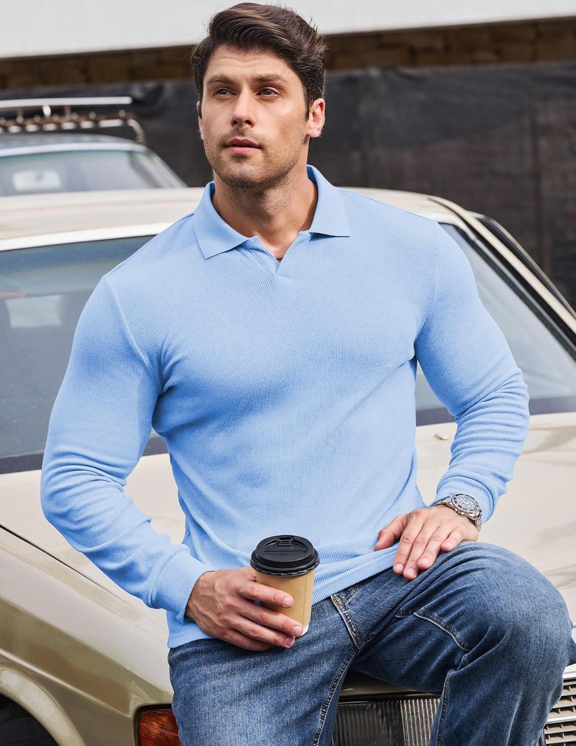 imageJMIERR Mens Casual Buttonless Polo Shirt Long Sleeve V Neck Ribbed Knit Golf ShirtsA Sky Blue