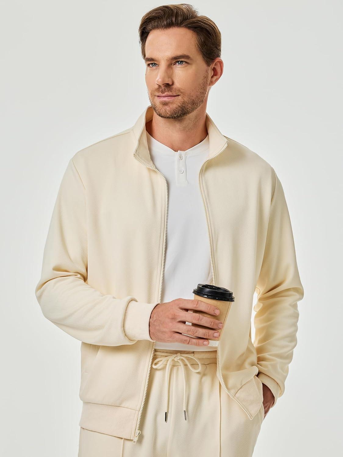 imageJMIERR Mens Sweatsuit Tracksuit 2 Piece Set Full Zip Casual Jogging Suits with Jogger Jackets and Pants Warm Up OutfitsBeige