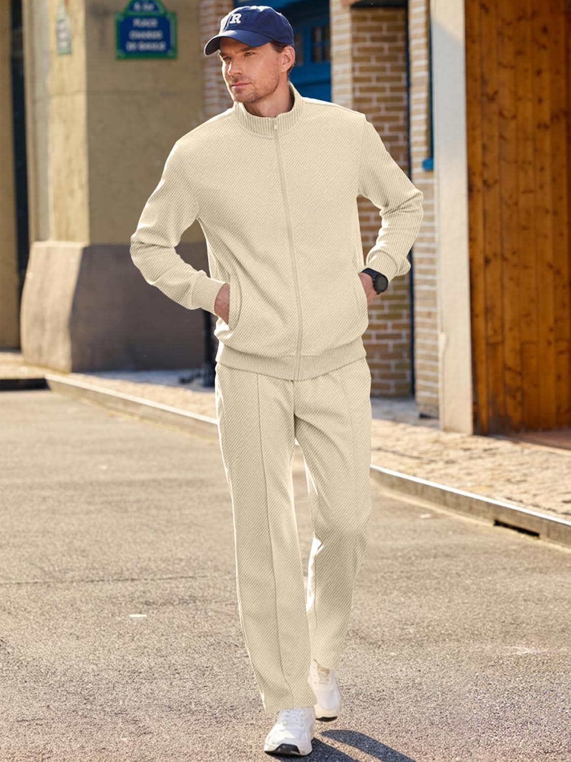 imageJMIERR Mens Sweatsuit Tracksuit 2 Piece Set Full Zip Casual Jogging Suits with Jogger Jackets and Pants Warm Up OutfitsBeige