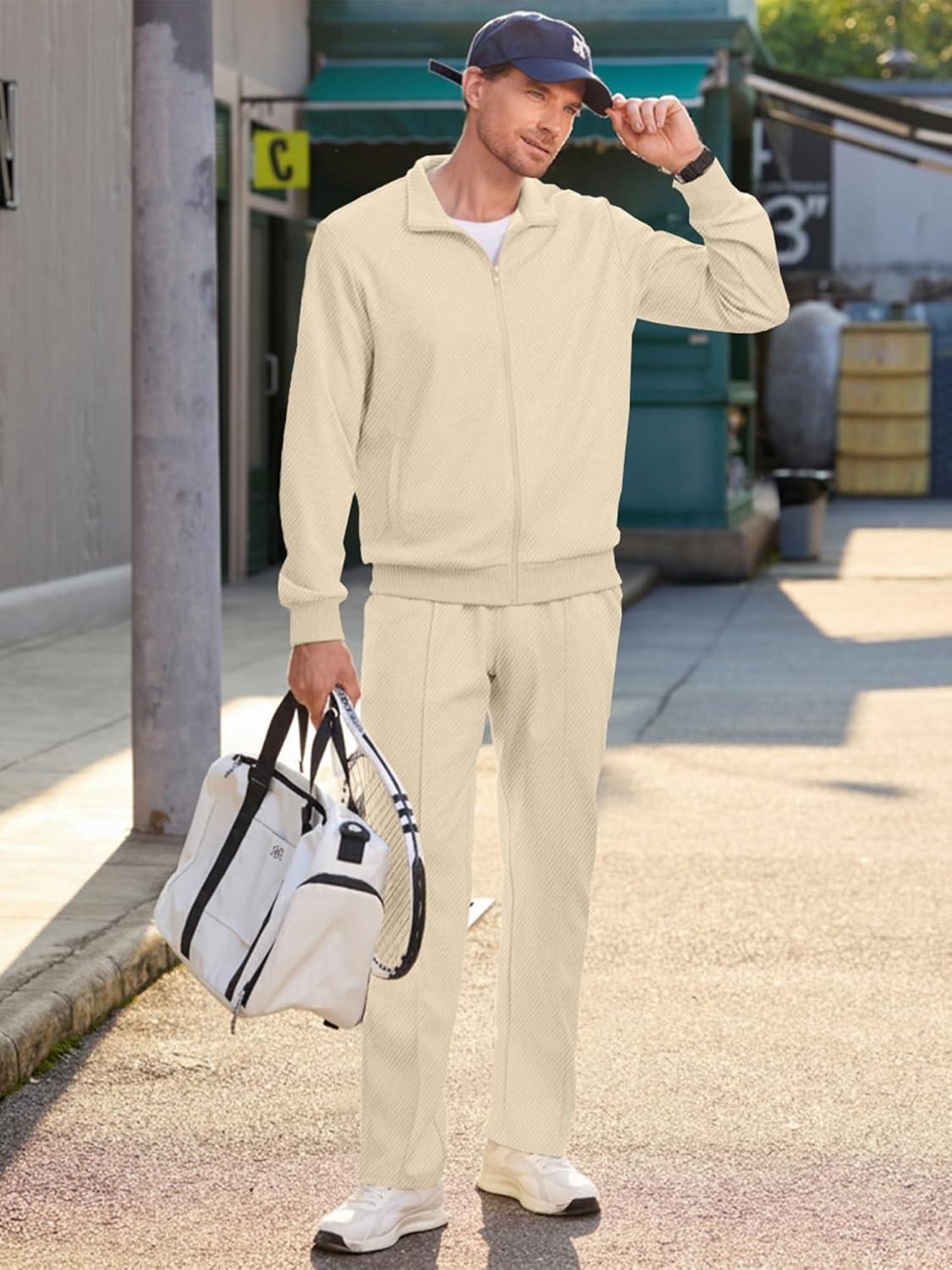 imageJMIERR Mens Sweatsuit Tracksuit 2 Piece Set Full Zip Casual Jogging Suits with Jogger Jackets and Pants Warm Up OutfitsBeige