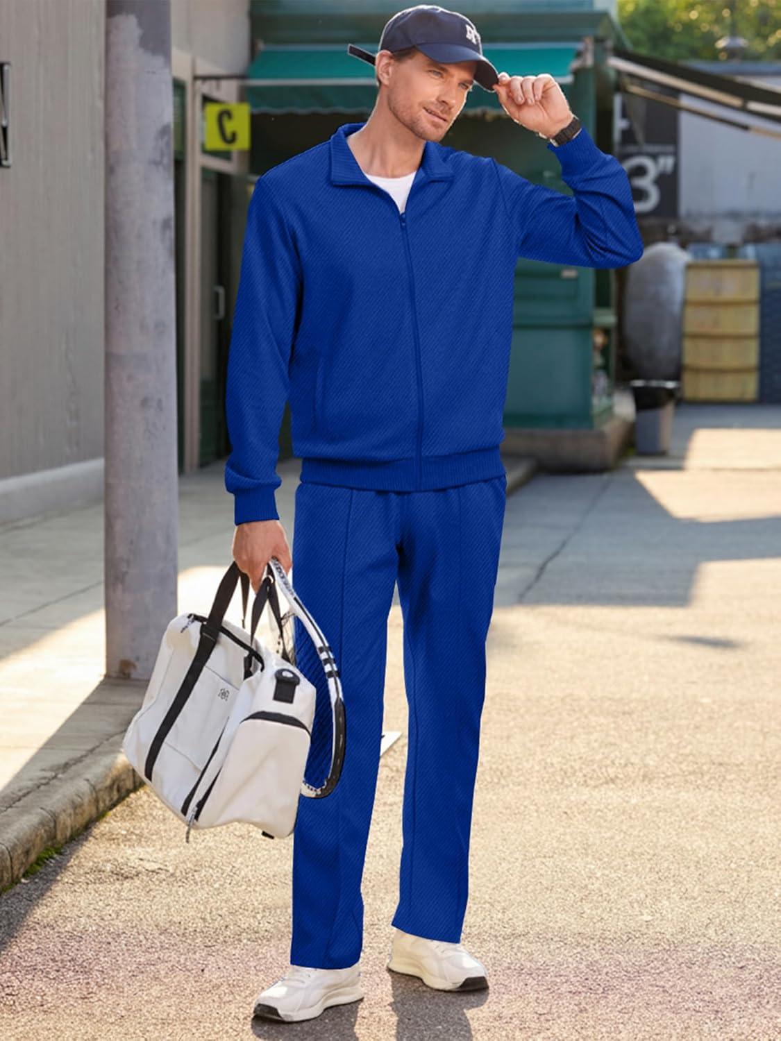 imageJMIERR Mens Sweatsuit Tracksuit 2 Piece Set Full Zip Casual Jogging Suits with Jogger Jackets and Pants Warm Up OutfitsBlue