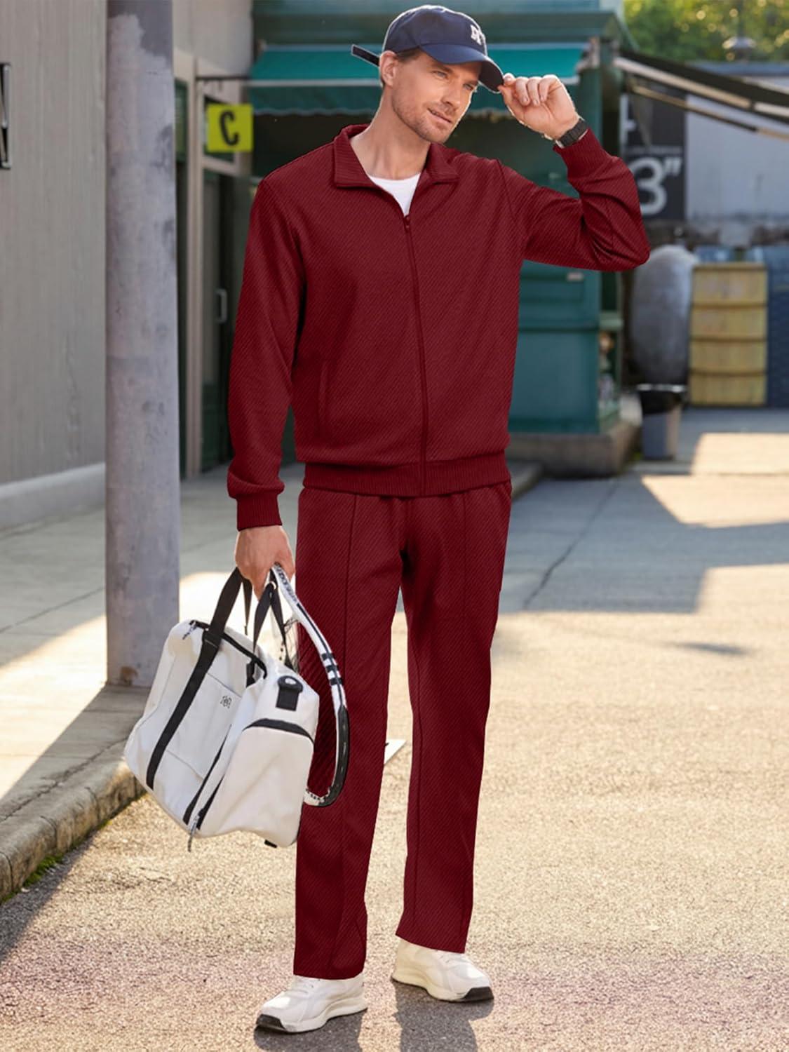 imageJMIERR Mens Sweatsuit Tracksuit 2 Piece Set Full Zip Casual Jogging Suits with Jogger Jackets and Pants Warm Up OutfitsBurgundy