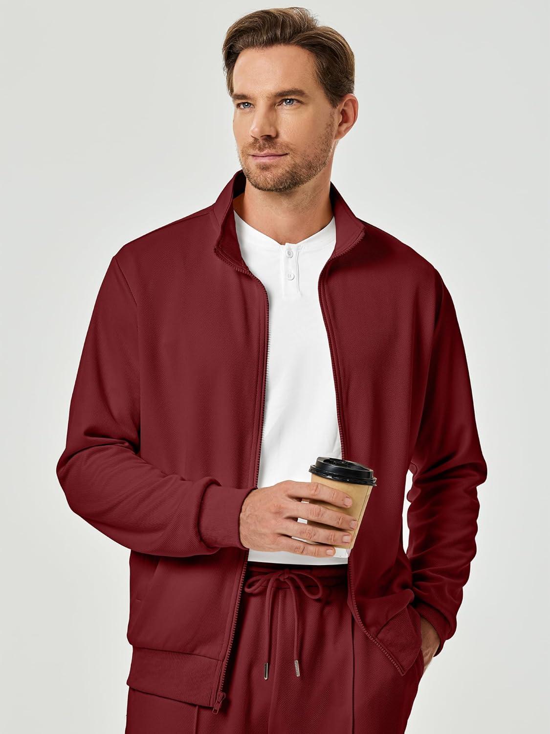 imageJMIERR Mens Sweatsuit Tracksuit 2 Piece Set Full Zip Casual Jogging Suits with Jogger Jackets and Pants Warm Up OutfitsBurgundy