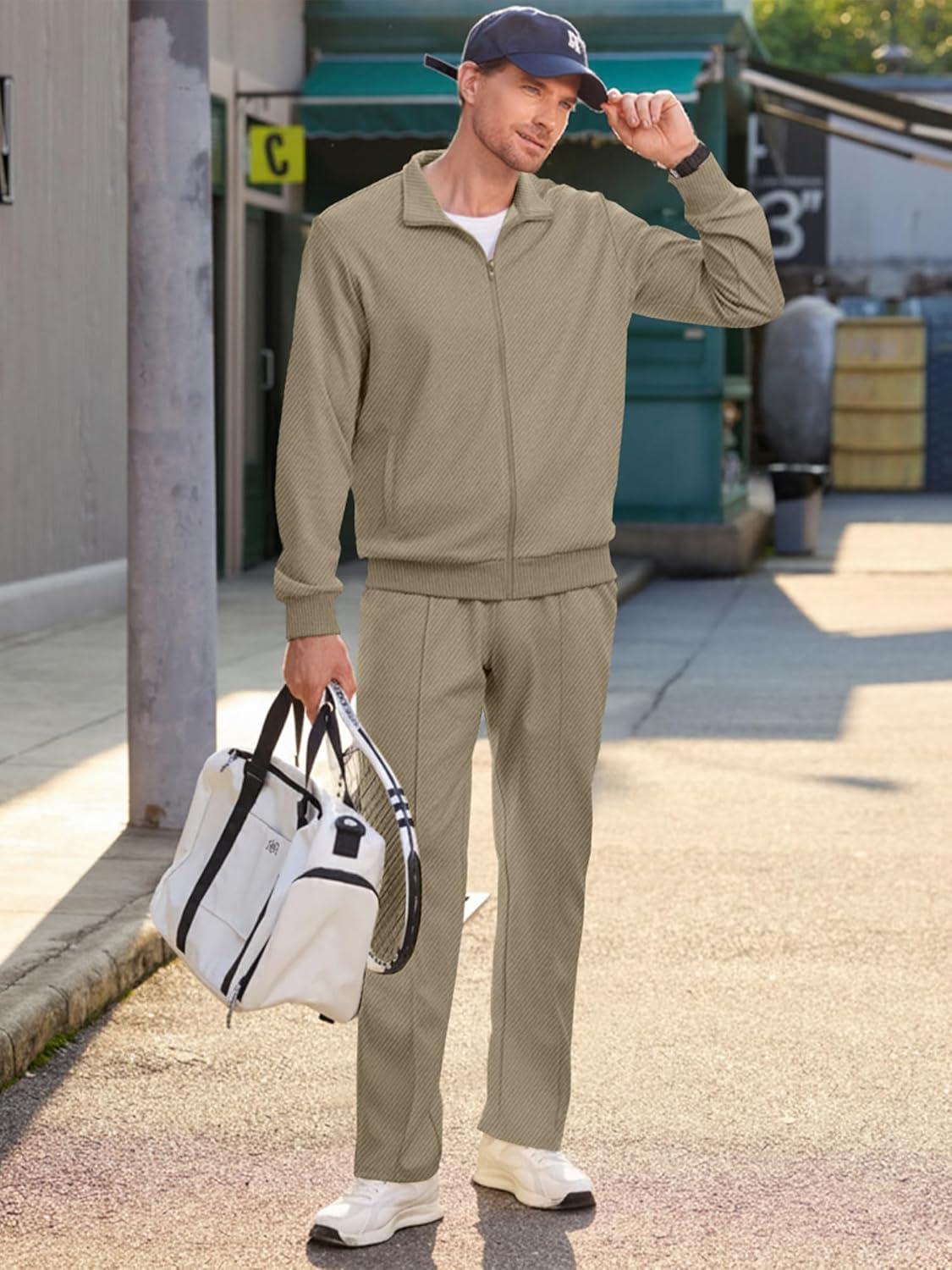 imageJMIERR Mens Sweatsuit Tracksuit 2 Piece Set Full Zip Casual Jogging Suits with Jogger Jackets and Pants Warm Up OutfitsKhaki