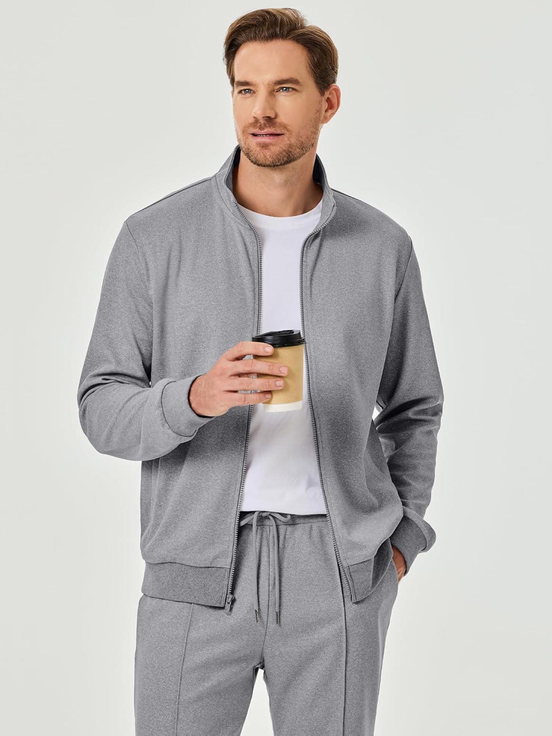 imageJMIERR Mens Sweatsuit Tracksuit 2 Piece Set Full Zip Casual Jogging Suits with Jogger Jackets and Pants Warm Up OutfitsLight Grey