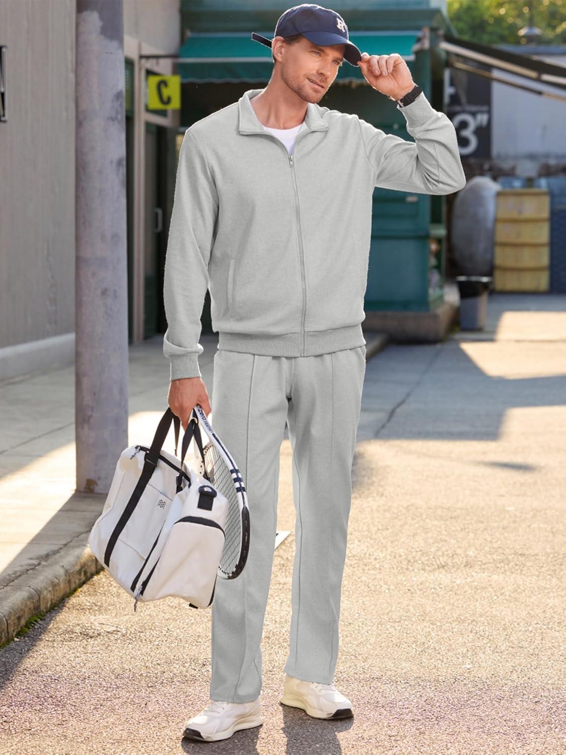 imageJMIERR Mens Sweatsuit Tracksuit 2 Piece Set Full Zip Casual Jogging Suits with Jogger Jackets and Pants Warm Up OutfitsLight Grey