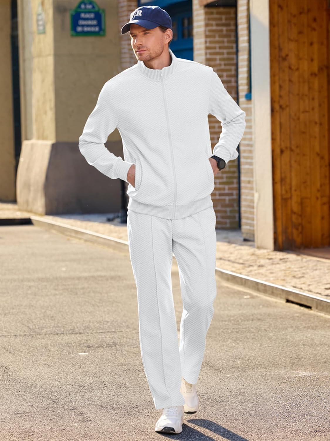 imageJMIERR Mens Sweatsuit Tracksuit 2 Piece Set Full Zip Casual Jogging Suits with Jogger Jackets and Pants Warm Up OutfitsWhite