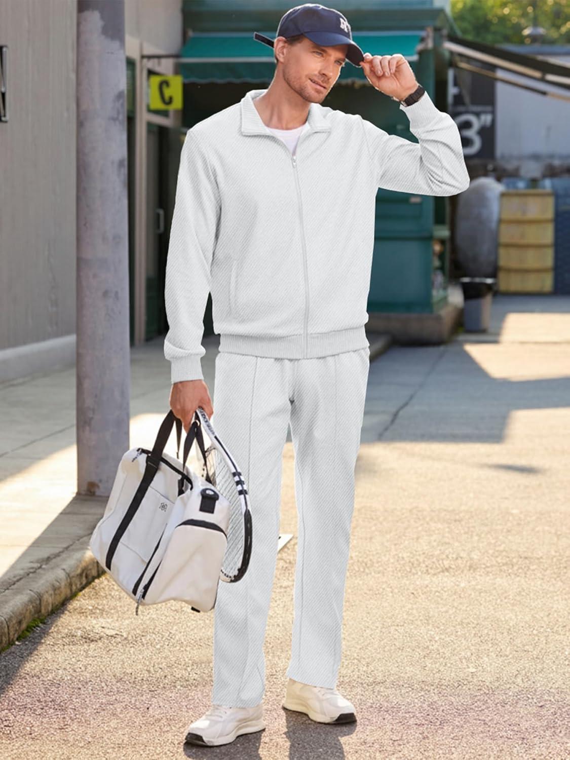 imageJMIERR Mens Sweatsuit Tracksuit 2 Piece Set Full Zip Casual Jogging Suits with Jogger Jackets and Pants Warm Up OutfitsWhite