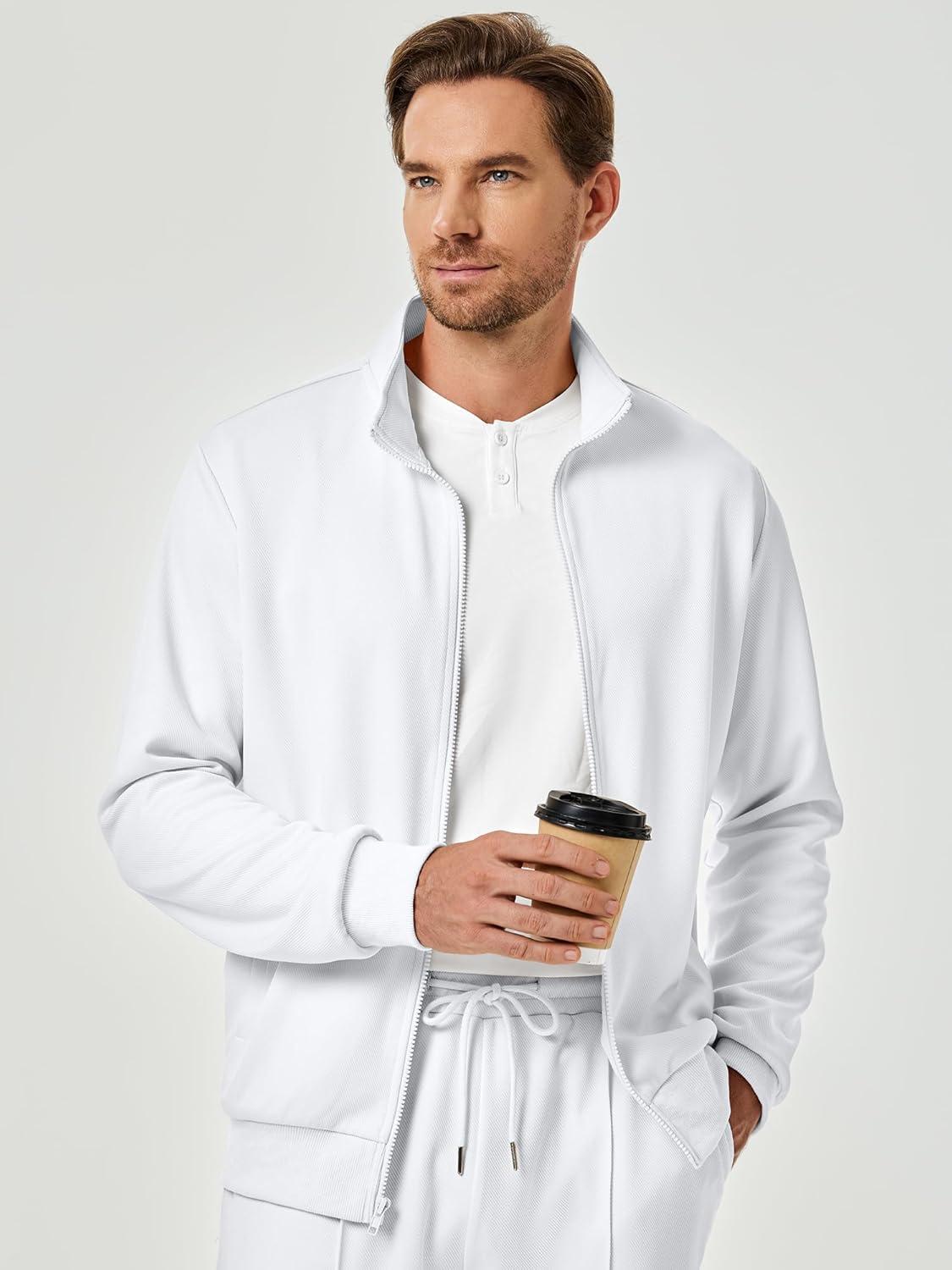 imageJMIERR Mens Sweatsuit Tracksuit 2 Piece Set Full Zip Casual Jogging Suits with Jogger Jackets and Pants Warm Up OutfitsWhite