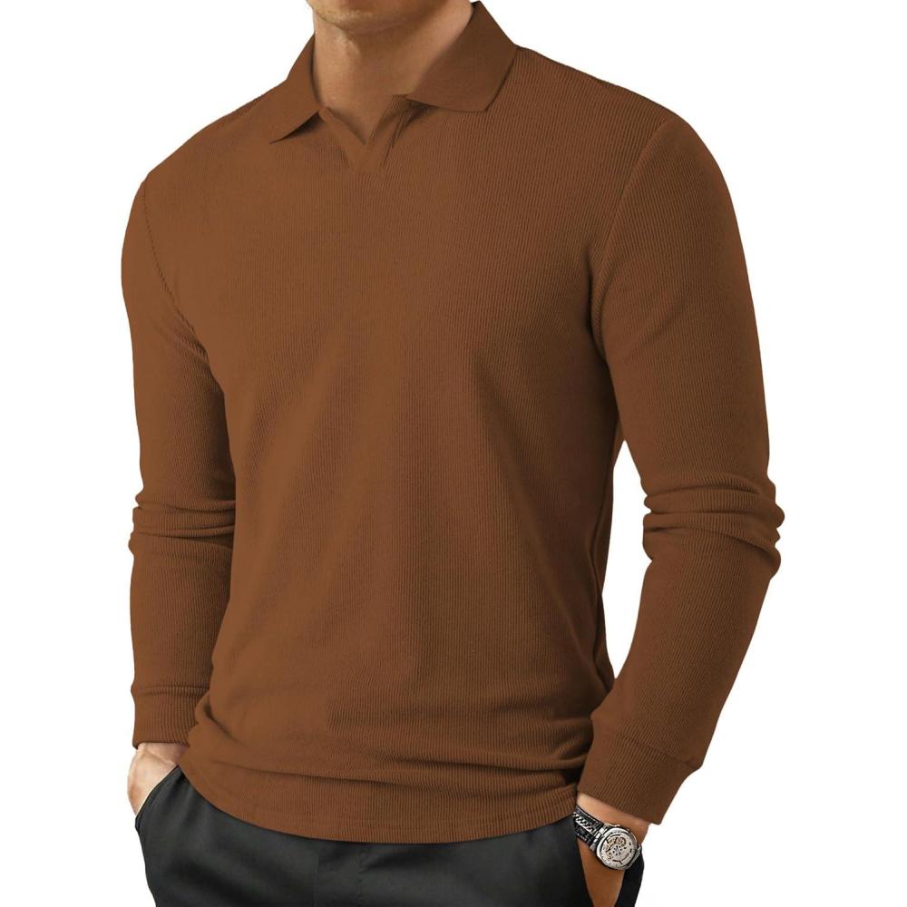 imageJMIERR Mens Casual Buttonless Polo Shirt Long Sleeve V Neck Ribbed Knit Golf ShirtsA Chestnut