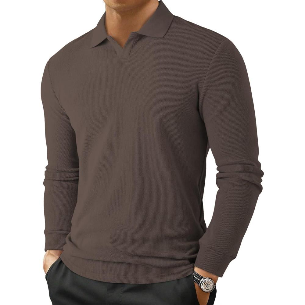 imageJMIERR Mens Casual Buttonless Polo Shirt Long Sleeve V Neck Ribbed Knit Golf ShirtsA Chicory Coffee