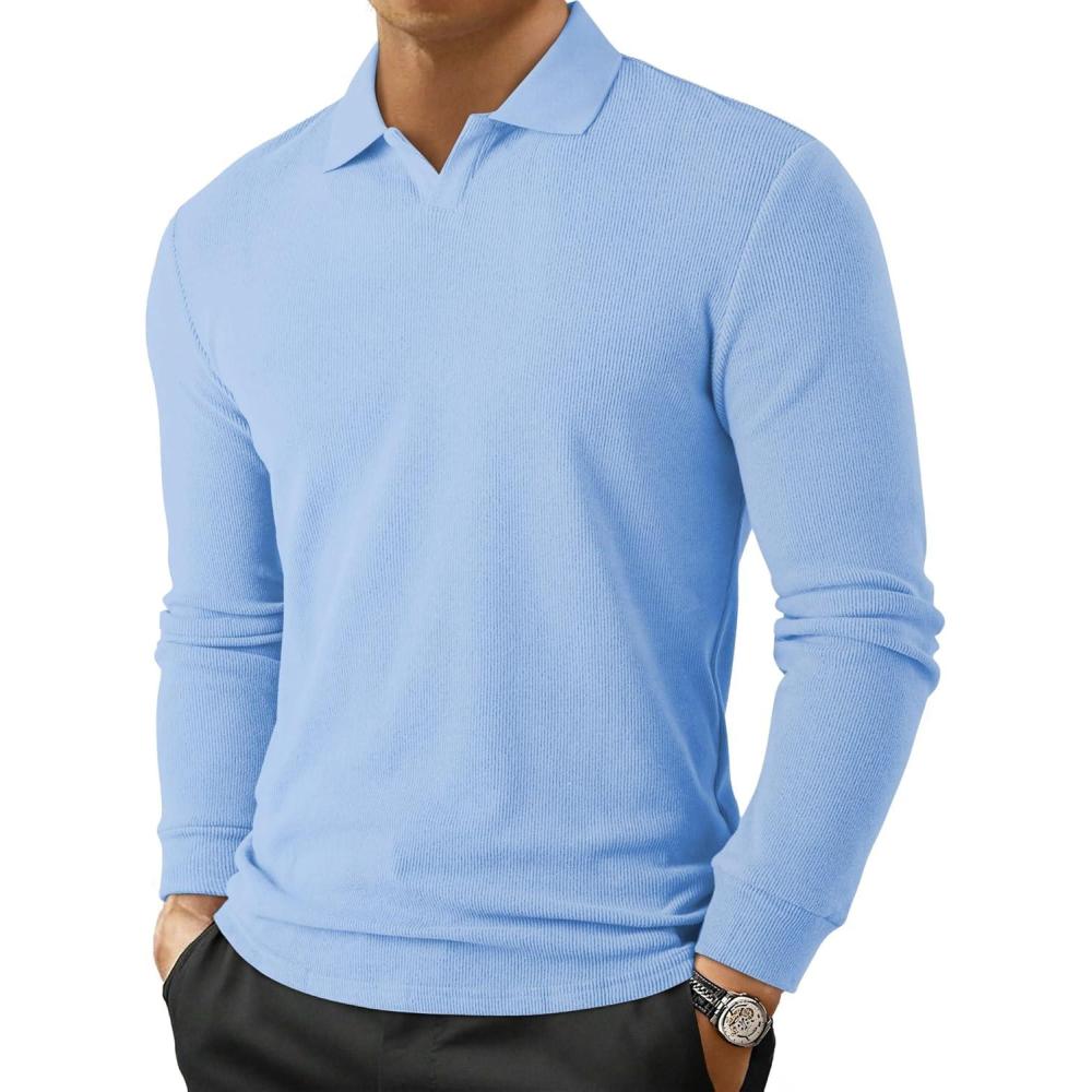 imageJMIERR Mens Casual Buttonless Polo Shirt Long Sleeve V Neck Ribbed Knit Golf ShirtsA Sky Blue
