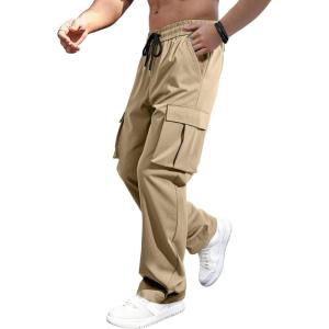 imageJMIERR Mens Casual Baggy Cargo Pants Stretch Sweatpants Loose Fit Drawstring Hiking Workout Joggers with Multi PocketsCamel