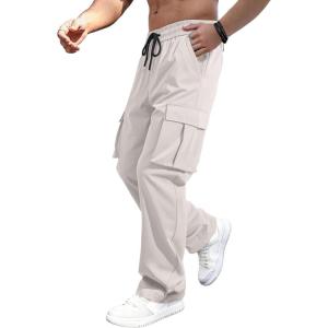 imageJMIERR Mens Casual Baggy Cargo Pants Stretch Sweatpants Loose Fit Drawstring Hiking Workout Joggers with Multi PocketsParchment