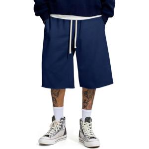 imageJMIERR 2026 Mens Baggy Sweat Shorts Under Knee Shorts Casual Raw Hem Drawstring Waist Y2K Shorts Loose Fit Gym ShortsBlue