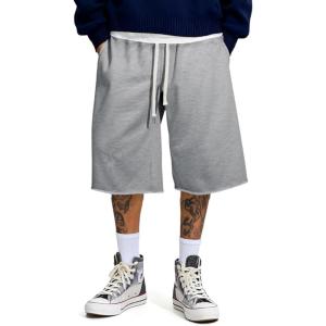 imageJMIERR 2026 Mens Baggy Sweat Shorts Under Knee Shorts Casual Raw Hem Drawstring Waist Y2K Shorts Loose Fit Gym ShortsGrey