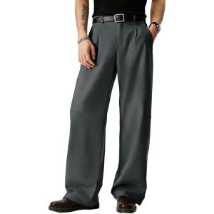 imageJMIERR Mens Baggy Casual Dress Pants Pleated Old Money Wide Leg Pants Loose Relaxed Fit TrousersDark Grey