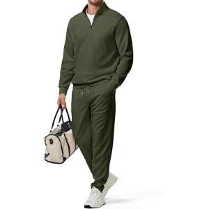 imageJMIERR 2025 Men Fall Tracksuit 2 Piece Set Old Money Polo Quarter Zip Twill Sweatsuits Jogging Sweatpants LoungewearD Green