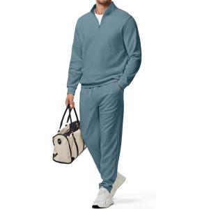 imageJMIERR 2025 Men Fall Tracksuit 2 Piece Set Old Money Polo Quarter Zip Twill Sweatsuits Jogging Sweatpants LoungewearLight Blue