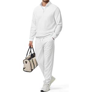 imageJMIERR 2025 Men Fall Tracksuit 2 Piece Set Old Money Polo Quarter Zip Twill Sweatsuits Jogging Sweatpants LoungewearWhite