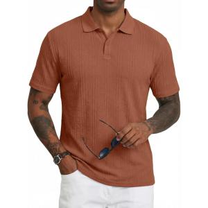 imageJMIERR Mens Polo Shirt Textured Short Sleeve Summer Button Collar Knitted Golf PolosBrown