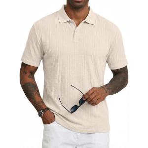 imageJMIERR Mens Polo Shirt Textured Short Sleeve Summer Button Collar Knitted Golf PolosKhaki