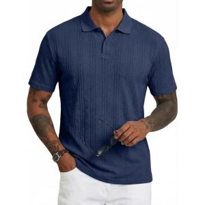 imageJMIERR Mens Polo Shirt Textured Short Sleeve Summer Button Collar Knitted Golf PolosNavy Blue