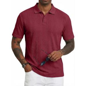 imageJMIERR Mens Polo Shirt Textured Short Sleeve Summer Button Collar Knitted Golf PolosRed