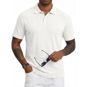 imageJMIERR Mens Polo Shirt Textured Short Sleeve Summer Button Collar Knitted Golf PolosWhite