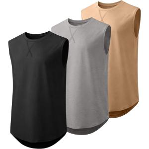 imageJMIERR Mens 3 Pack Cotton Tank Top Hipster Hip Hop Longline Crewneck Sleeveless ShirtsBlackGreyKhaki