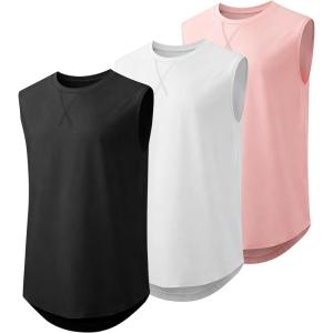 imageJMIERR Mens 3 Pack Cotton Tank Top Hipster Hip Hop Longline Crewneck Sleeveless ShirtsBlackWhitePink