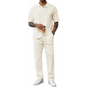 image:imageJMIERR Mens Two Piece Outfits Short Sleeve Polo Shirts amp Loose Pants Sets Casual Summer Textured SuitsBeige
