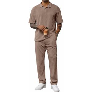 image:imageJMIERR Mens Two Piece Outfits Short Sleeve Polo Shirts amp Loose Pants Sets Casual Summer Textured SuitsBrown