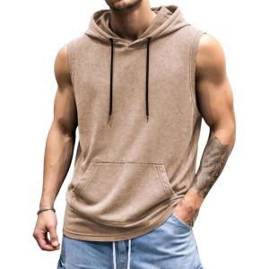 image:imageJMIERR Mens 2026 Vintage Washed Sleeveless Hoodie Tank Top Cotton Muscle Workout Gym Streetwear ShirtKhaki