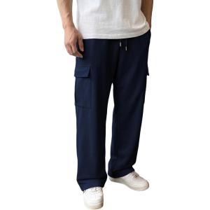 image:imageJMIERR Mens Baggy Wide Leg Cargo Sweatpants Drawstring Waist Adjustable Ankles Pants with Multiple PocketsNavy Blue