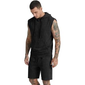 image:imageJMIERR Mens Track Suit Sleeveless Hoodie Tank Tops Workout Shorts 2 Piece Set Acid Wash Cotton Outfits Athletic Gym SweatsuitBlack