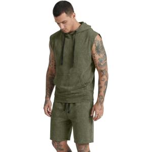 image:imageJMIERR Mens Track Suit Sleeveless Hoodie Tank Tops Workout Shorts 2 Piece Set Acid Wash Cotton Outfits Athletic Gym SweatsuitMoss Green