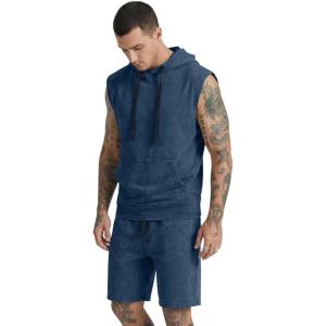 image:imageJMIERR Mens Track Suit Sleeveless Hoodie Tank Tops Workout Shorts 2 Piece Set Acid Wash Cotton Outfits Athletic Gym SweatsuitSail Blue