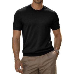 image:imageJMIERR Mens Wool Blend Crewneck Knit Sweater Lightweight TShirt Casual Short Sleeve Pullover for Work Daily DateBlack