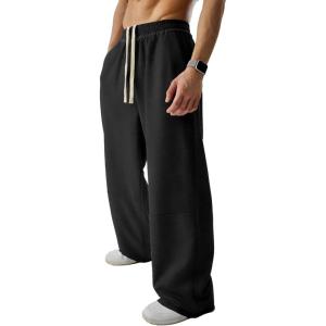 image:imageJMIERR Mens Baggy Loose Fit Raw Hem Sweatpants Casual Drawstring Pants Y2K Wide Leg Stretchy Pants with Pockets0 Black