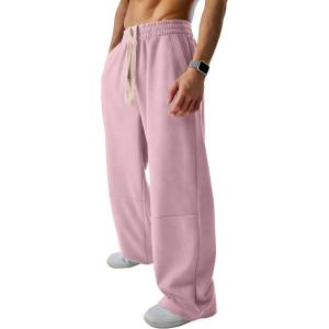 image:imageJMIERR Mens Baggy Loose Fit Raw Hem Sweatpants Casual Drawstring Pants Y2K Wide Leg Stretchy Pants with PocketsB Pink
