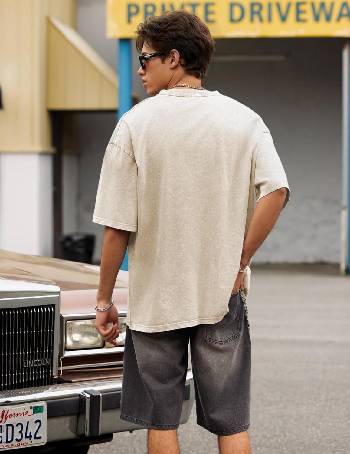 image:imageJMIERR Oversized T Shirts for Men Women Vintage Wash 100 Cotton V Neck Drop Shoulder Tee TopsBeige