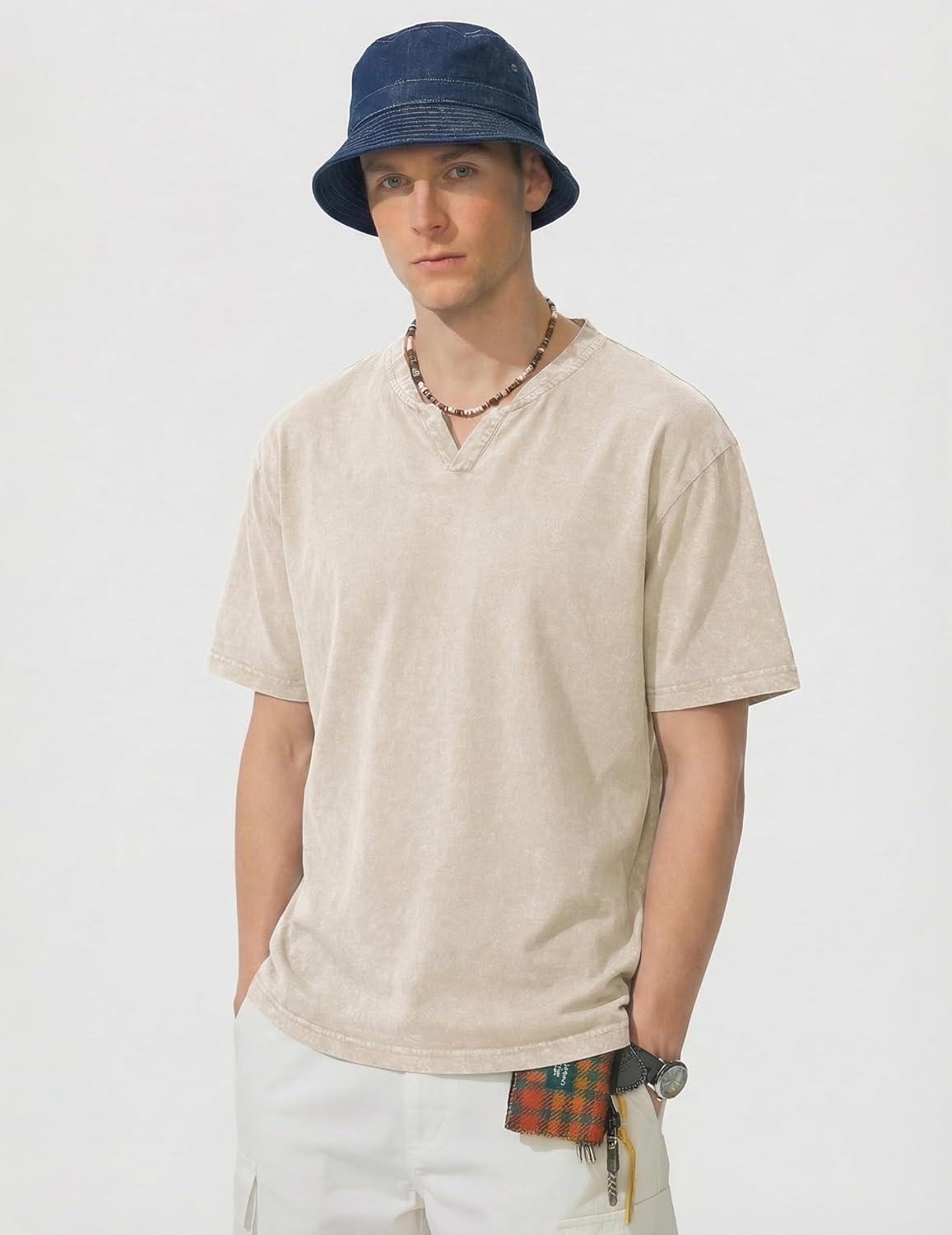 image:imageJMIERR Oversized T Shirts for Men Women Vintage Wash 100 Cotton V Neck Drop Shoulder Tee TopsBeige